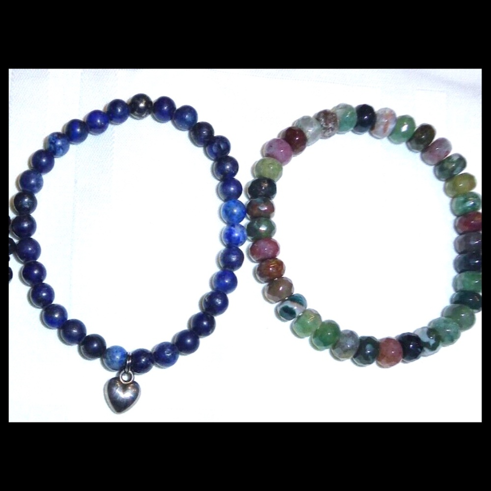 LOT 2 BRACELETS SODALITE RONDELLE MULTICOLOR BEAD GEMSTONE 7.5" STRETCH HEART